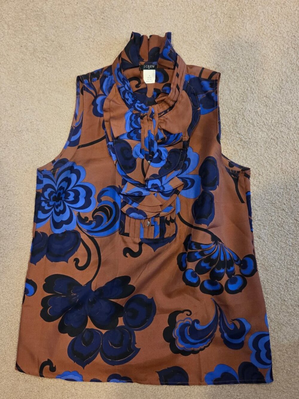 J Crew Factory NWOT Blue Brown Iris Floral Print Ruffle Top Size 6